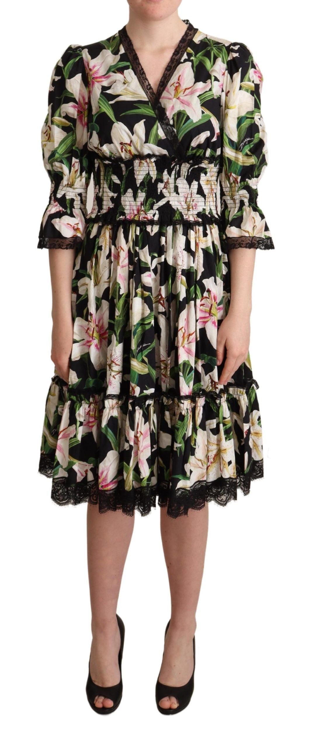 Dolce & Gabbana Elegant Lily Print Midi Dress with Lace Trim