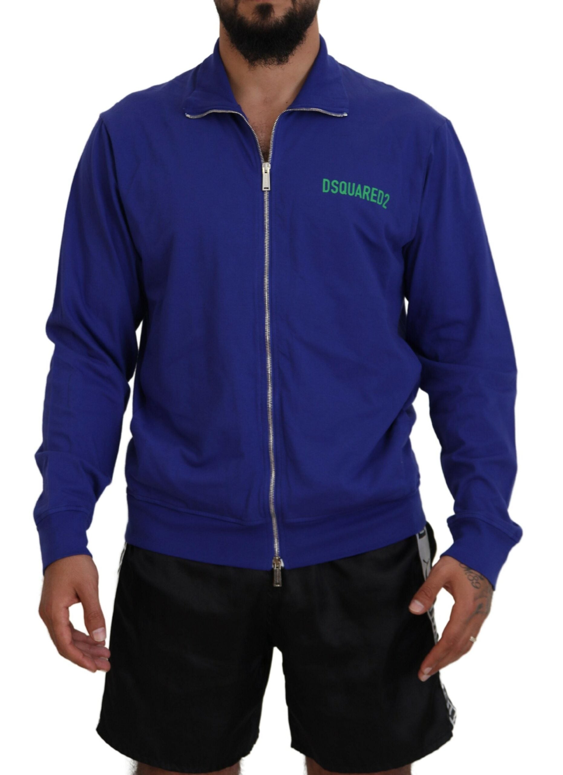 Dsquared² Blue Cotton Printed Collared Men Full Zip Sweater