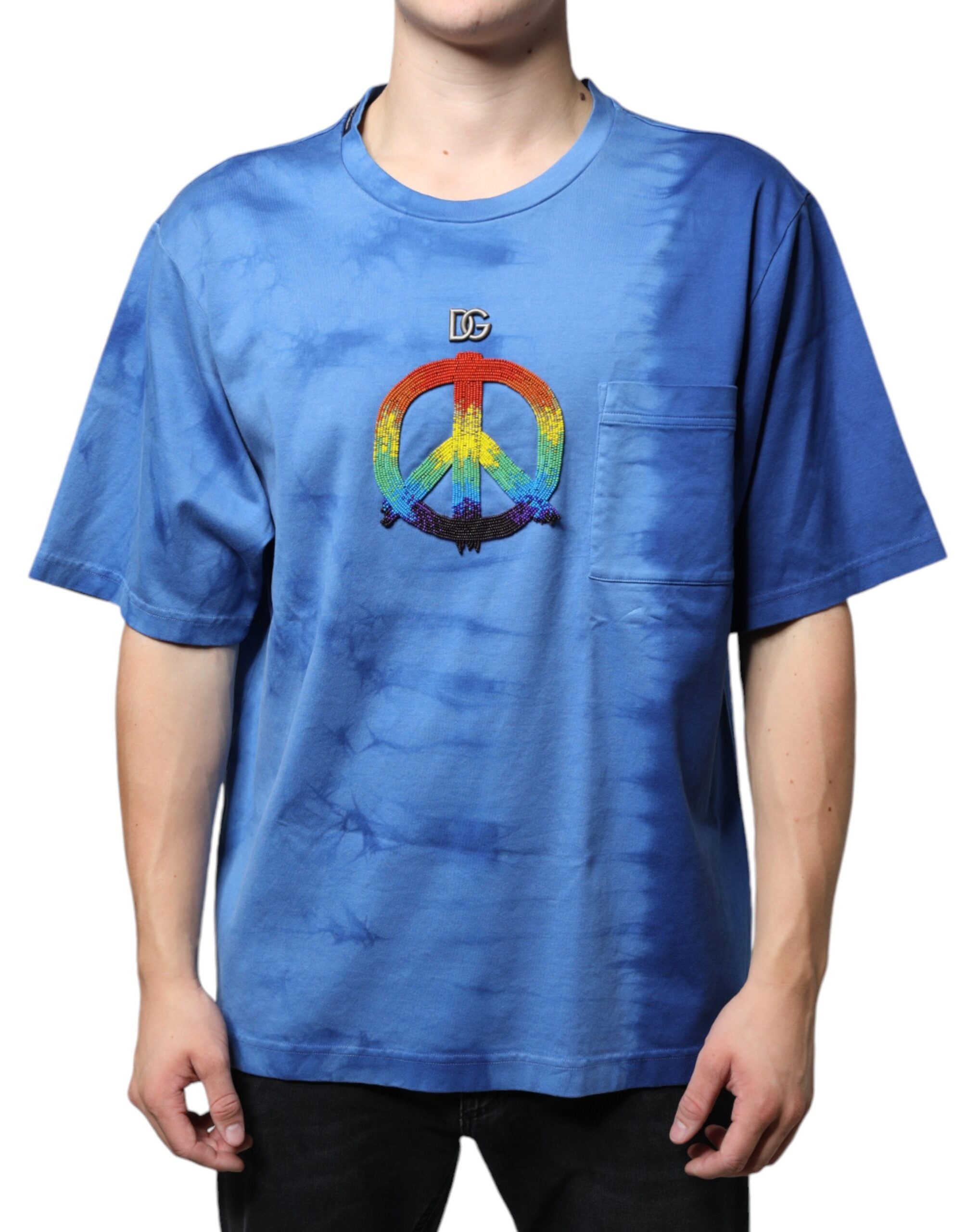 Dolce & Gabbana Blue Tie-Dye Peace Sign Cotton T-shirt