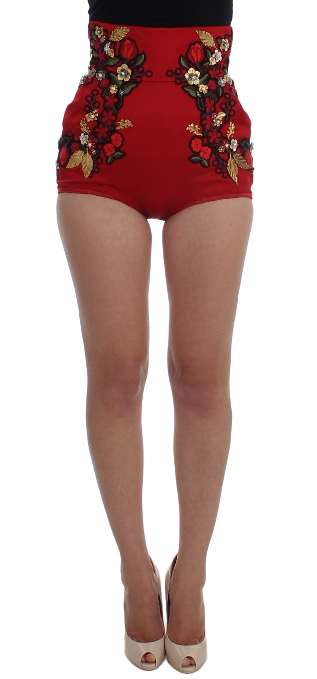 Dolce & Gabbana Elegant Silk Red Embroidered Mini Shorts